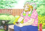 anthro beard blonde_hair blush bottomwear clothing detailed_background facial_hair hair horn humanoid_hands kemono long_ears male mature_anthro mature_male outside overweight overweight_anthro overweight_male pants shirt solo topwear ryuta-h undertale undertale_(series) asgore_dreemurr boss_monster_(undertale) bovid caprine mammal 2016