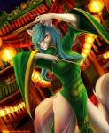 anthro biped blue_hair breasts clothed clothing detailed_background dual_wielding dutch_angle eyelashes female fighting_pose green_clothing hair holding_object holding_weapon pink_eyes pink_nose pose side_slit smile solo weapon elvofirida ophelia_(soaskep) canid canine canis domestic_dog mammal 2018 digital_media_(artwork) portrait three-quarter_portrait