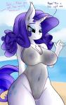 anthro anthrofied beach big_breasts biped breasts cleavage clothed clothing cutie_mark female front_view genitals horn nipples outline pussy seaside solo standing swimwear text translucent translucent_clothing huckser friendship_is_magic hasbro my_little_pony mythology rarity_(mlp) equid equine mammal mythological_creature mythological_equine unicorn absurd_res digital_media_(artwork) english_text hi_res portrait three-quarter_portrait