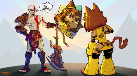 annoyed anthro arm_armor armor asymmetrical_armor bald bodily_fluids bottomwear brown_hair brown_tail cat_tail chain clothed clothing cracked_armor cracks cross-dialogue curved_sword damaged damaged_armor damaged_clothing duo enchanted_weapon eyelashes eyewear female footwear gauntlets gesture gloves goggles greaves greek hair hand_gesture hand_on_hip handwear larger_male leg_armor loincloth looking_at_another male male/female markings muscular muscular_male outside pale_skin pauldron pointing pose rear_view sandals scared shaking shaky_legs shoes short_hair side_view simple_background size_difference skinsuit smaller_female socks standing sunset sweat sweating_profusely sweaty_face tail text thought_bubble tight_clothing toeless_footwear toeless_socks topless topless_male torn_clothing unconvincing_armor vambrace whiskers white_body wounded yellow_clothing yellow_eyewear yellow_goggles danderfull gameoverse glitch_productions god_of_war playstation sony_corporation sony_interactive_entertainment kit_bodega kratos demigod domestic_cat felid feline felis human mammal absurd_res comic crossover english_text hi_res shaded
