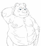 anthro armpit_hair belly big_belly biped blue_eyes body_hair bottomwear clothing male moobs nipples overweight overweight_anthro overweight_male pants simple_background solo white_background harushipanda bear giant_panda mammal 2021 sketch spot_color