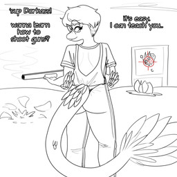 anthro butt dialogue eyelashes eyewear feathered_tail feathers glasses gun hair looking_at_viewer looking_back looking_back_at_viewer male outside ranged_weapon shooting_range short_hair shotgun smile snout solo tail tail_tuft talking_to_viewer text tuft weapon arsenic_iii goodbye_volcano_high sage_(gvh) dinosaur dromaeosaurid feathered_dinosaur feathered_scalie microraptor prehistoric_species reptile scalie theropod 1:1 2024 english_text hi_res monochrome