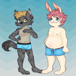 anthro bulge clothing duo hand_on_chest male male/male moobs nipples overweight overweight_male pattern_clothing slightly_chubby swimming_trunks swimwear vicky_art calahoo_(calahootheyeen) joshie_(calahootheyeen) hare hyena lagomorph leporid mammal rabbit