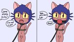 anthro ball_gag bdsm blue_hair bondage bound chibi collar dialogue duo gag hair humiliation leash leashed_collar leashed_male male petplay protest roleplay shy solo text walking zxc14 oneshot niko_(oneshot) domestic_cat felid feline felis mammal comic english_text hi_res