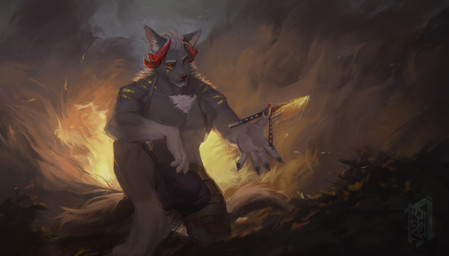 4_eyes anthro black_sclera bulge clothed clothing fire front_view fur grey_body grey_ears grey_fur hair horn inner_ear_fluff kneeling male mouth_closed multi_eye muscular muscular_anthro muscular_male red_eyes red_horn smoke solo topless tuft unsigned white_body white_fur white_hair white_inner_ear_fluff yellow_eyes awaldkize canid mammal absurd_res full-length_portrait hi_res portrait