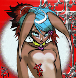 anthro being_watched blue_eyes blue_hair blush cybersigilism female hair looking_at_another overweight red_background red_hair silver_(metal) simple_background solo star y2k_(graphic_design) styhi styhi_(character) canid canine fox mammal hi_res