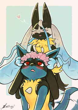 behind_another black_body blue_body blush duo eyes_closed female feral flower heart_symbol holding_object male male/female plant red_eyes simple_background sitting smile standing tail tail_motion tailwag tuft wreath yellow_body arcticos nintendo pokemon pokemon_legends_z-a generation_4_pokemon generation_9_pokemon lucario mega_evolution mega_lucario_z pokemon_(species) absurd_res hi_res signature