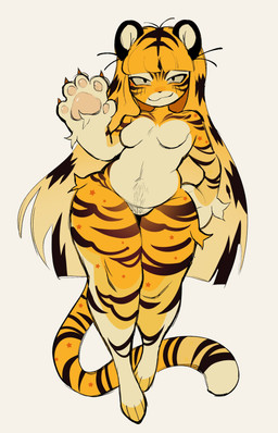5_fingers :3 anthro arm_markings bangs belly black_ears black_eyes black_hair black_stripes blonde_hair blunt_bangs breasts countershading featureless_breasts featureless_crotch feet female female_anthro fingers front_view fur gradient_hair hair hand_on_hip hand_on_own_hip handpaw hindpaw huge_hips leg_markings long_hair looking_at_viewer markings multicolored_hair nude nude_anthro nude_female orange_markings pawpads paws pink_pawpads pubes simple_background slightly_chubby slightly_chubby_anthro slightly_chubby_female smile solo star_(marking) striped_arms striped_body striped_fur striped_hair striped_legs stripes tan_background tan_belly tan_body tan_breasts tan_countershading tan_fur tan_hair tan_inner_ear tan_sclera thick_thighs wide_hips chewtoyys tiggy_(chewtoyys) felid mammal pantherine tiger 2025 absurd_res digital_drawing_(artwork) digital_media_(artwork) full-length_portrait hi_res portrait
