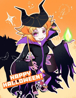 arthropod_abdomen blonde_hair breasts clothed clothing colored_fire costume cult cultist fangs female fire green_fire hair holidays horn looking_at_viewer open_clothing open_robe purple_eyes robe solo teeth twin_thorax xianyurenkule disney halloween re:zero sleeping_beauty_(1959) capella_emerada_lugunica changeling_(lorewise) maleficent avian bird corvid corvus_(genus) crow humanoid oscine passerine hi_res