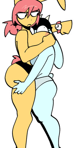 5_fingers anthro areola big_areola big_breasts big_butt black_clothing black_panties black_underwear breasts butt butt_grab clock clothed clothing duo face_in_breasts female female/female female_anthro fingers hair hand_on_butt looking_at_watch panties pink_hair simple_background standing tail topless topless_anthro topless_female underwear watch white_background white_sclera wristwatch xarop77 sugar_(xarop77) lagomorph leporid mammal rabbit 2025 digital_drawing_(artwork) digital_media_(artwork) english_description full-length_portrait hi_res portrait