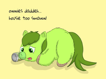 ambiguous_feral ambiguous_gender baby_talk container dialogue feral fur glass glass_container green_body green_eyes green_fur green_hair green_tail hair hooves looking_at_object open_mouth pained_expression side_view simple_background solo tail text yellow_background young young_ambiguous young_feral carpdime fluffy_pony avocado_(fluffy_pony) fluffy_pony_(species) mammal digital_media_(artwork) english_text shaded