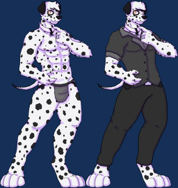 anthro barefoot black_spots bulge clothed clothing collar collared_shirt digitigrade dress_pants dress_shirt feet grey_clothing jockstrap looking_at_viewer male muscular muscular_anthro muscular_male orange_eyes shirt solo spots topwear underwear underwear_only white_body kamrynkam canid canine canis dalmatian domestic_dog mammal absurd_res alpha_channel cel_shading hi_res model_sheet shaded