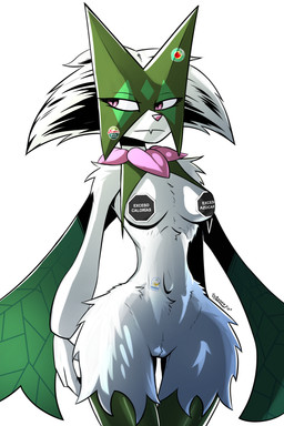 anthro biped bottomless bottomless_anthro bottomless_female breasts clothed clothing curvy_figure eyeliner female female_anthro fluffy fur genitals green_body green_fur head_markings light makeup markings mask medium_breasts monotone_body monotone_fur navel pink_eyes pink_nose shadow simple_background snaggle_tooth solo standing thick_thighs vulva white_background wide_hipped_anthro wide_hipped_female wide_hips gatonejo nintendo pokemon felid feline generation_9_pokemon mammal meowscarada pokemon_(species) 2026 2:3 absurd_res hi_res