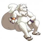 4_toes anthro beads biceps big_muscles biped bottomwear claws clothing feet flip_flops fluffy fluffy_tail food footwear fruit fur loincloth male muscular muscular_anthro muscular_male orange_(fruit) pecs plant pose sandals shoes simple_background sitting slightly_chubby solo tail toes white_body white_fur thegreatmatsutzu gingitsune gintaro canid canine fox mammal 1:1 2013