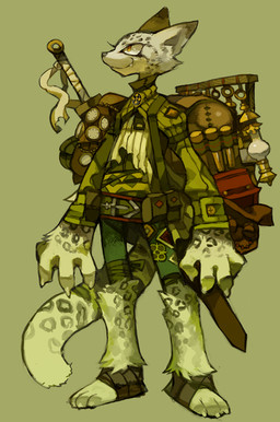 adventurer ambiguous_gender anthro backpack claws kemono lamp lantern leopard_spots leucistic melee_weapon solo spots sword tail weapon rikose cheetah felid feline mammal