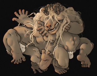 abs anthro caricature clothing conjoined dancing feet hair horn intertwined long_hair male muscular muscular_male pale_skin silly_face simple_background small_eyes smile soles solo underwear ravuer elden_ring fromsoftware divine_beast_dancing_lion felid hybrid lion mammal monster pantherine 2026 digital_media_(artwork) hi_res