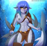 2021 5_fingers anthro areola armor blue_hair breasts clothing digital_media_(artwork) ear_piercing eyebrows eyelashes female fingers fish front_view grin hair hi_res hides-in-barrels_(monster_girl_1000) looking_at_viewer marine monster_girl_(genre) monster_girl_1000 navel nipples non-mammal_breasts non-mammal_nipples piercing shark smile solo text twistedscarlett60 unconvincing_armor url