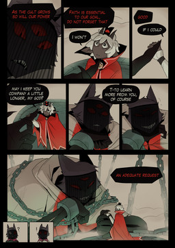 ambiguous_anthro ambiguous_gender anthro dialogue eye_contact grin hand_holding looking_at_another metal_chain sharp_teeth smile speech_bubble teeth text aveloka cult_of_the_lamb massive_monster_(studio) aym_(cult_of_the_lamb) baal_(cult_of_the_lamb) lamb_(cult_of_the_lamb) the_one_who_waits bovid caprine domestic_cat felid feline felis mammal sheep 2025 comic digital_drawing_(artwork) digital_media_(artwork) english_text hi_res