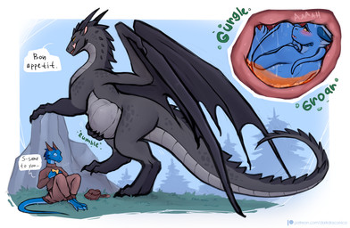 abdominal_bulge anthro anthro_prey bag barefoot belly big_belly black_body black_scales black_spikes bloated blue_body blush blush_lines bodily_fluids bottomwear brown_clothing clothed clothing cramped eating eating_food feet female female/female female_pred female_prey feral feral_pred food furgonomic_bottomwear furgonomics group hand_on_belly head_horn holding_food holding_object horn inside_stomach internal larger_feral larger_pred leaning_on_rock licking licking_lips long_neck long_tail male membrane_(anatomy) membranous_wings neck_spikes oral_vore outside pants partially_submerged rock rumbling_stomach scales sitting sitting_on_ground size_difference smaller_anthro soft_vore speech_bubble spiked_tail spikes spikes_(anatomy) stomach_acid sweater tail text tongue tongue_out topwear trio vore wet wet_body wings darkdraconica mythology darky_(darkdraconica) dragon kobold mythological_creature mythological_scalie scalie 2026 digital_media_(artwork) hi_res url