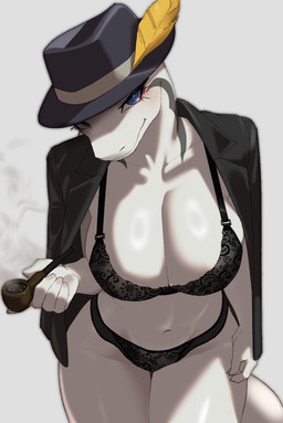 anthro big_breasts blue_eyes bra breasts cleavage clothed clothing fedora female front_view hat hat_feather headgear headwear lingerie loose_feather non-mammal_breasts panties skimpy smile smoking_pipe solo suit underwear kissrabbit_s2 lizard reptile scalie