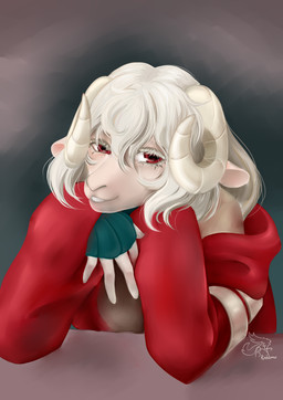 anthro clothed clothing female hair horn looking_at_viewer red_eyes simple_background smile solo rinkamo bovid caprine mammal sheep absurd_res character_request digital_media_(artwork) hi_res