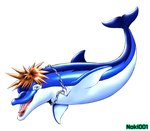 ambiguous_gender blue_body blue_eyes brown_hair chain feral fin hair jewelry lighter_belly necklace open_mouth simple_background solo tail tongue white_background noki001 kingdom_hearts square_enix sora_(kingdom_hearts) cetacean dolphin mammal marine toothed_whale hi_res