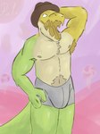 armpit_hair body_hair candy clothing dessert food gummy_(food) male solo treat underwear palister35 glitch_productions the_amazing_digital_circus gummigoo_(tadc) lizard reptile scalie 3:4 hi_res