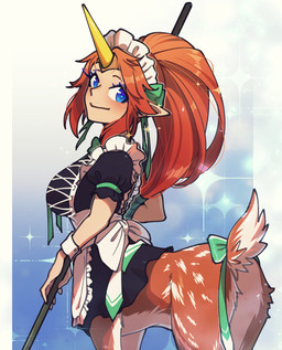 blue_eyes clothed clothed_female clothed_taur clothing female maid_headdress maid_uniform pointy_ears solo uniform rikokyu deer deer_taur mammal mammal_taur taur hi_res