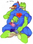 abs after_sex anal anal_penetration animal_genitalia anthro anthro_on_anthro balls beak biceps big_penis blue_body blue_feathers blue_penis bodily_fluids chair_position cum cum_on_leg cum_on_penis cum_string dripping duo erection eyes_closed feathers from_behind_position genital_fluids genital_slit genitals green_body green_skin humanoid_genitalia humanoid_penis interspecies kneeling leaking licking male male/male male_on_bottom male_on_top male_penetrated male_penetrating male_penetrating_male muscular muscular_male nipples nude on_bottom on_lap on_top open_mouth pecs penetration penis precum red_body scales sex simple_background sitting sitting_on_lap spread_legs spreading straddling sweat text tongue tongue_out vein white_background wkd wuffinarts nintendo star_fox falco_lombardi slippy_toad amphibian avian bird falcon falconid frog toad_(frog) english_text