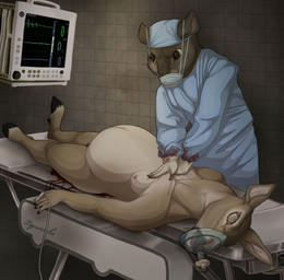 anthro blood blood_on_hand bodily_fluids breasts cardiac_monitor cloven_hooves corpse cpr death doctor duo female flatline glossy_eyed gore hooves hospital male mask medical medical_instrument oxygen_mask pregnant scientific_instrument surgeon surgical_mask surgical_operation fauxlacine cervine deer humanoid mammal murid murine rat rodent hi_res