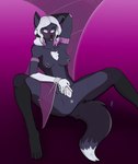 anthro anus bat_wings black_body black_fur breasts cybernetic_arm cybernetic_limb cybernetics ear_piercing female fox_tail fur genitals hair machine membrane_(anatomy) membranous_wings nude piercing pink_eyes pussy simple_background solo spread_legs spread_pussy spreading white_anus white_hair white_pussy wings zataekink bat canid canine canis cyborg flying_fox fox mammal megabat wolf absurd_res hi_res