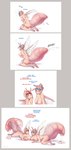 4_breasts 4_nipples antennae_(anatomy) anus areola arthropod_abdomen big_breasts blush bodily_fluids breasts dialogue duo egg egg_from_ovipositor female genital_fluids genitals hair highlights_(coloring) insect_wings kneeling lying multi_breast multi_nipple nipples nude on_front oviposition pussy supernumerary_breasts text transformation wings strawberrytfs matriarch_queen 2021 colored comic english_text hi_res