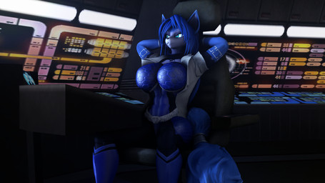 abs accessory anthro arm_tattoo big_breasts blue_body blue_clothing blue_eyes blue_fur breasts chair clothed clothed_female clothing computer electronics female fur furgonomics furniture hair hands_on_back jacket latex mature_female muscular muscular_female on_chair sitting sitting_on_chair skinsuit solo tail tail_accessory tattoo technology tight_clothing topwear white_body white_clothing white_fur sanguine_paladin warfaremachine_(modeler) nintendo star_fox star_trek krystal_(star_fox) warfare_krystal canid canine fox mammal 16:9 3d_(artwork) digital_media_(artwork) hi_res source_filmmaker_(artwork) widescreen