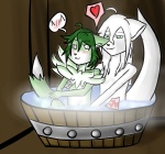 anthro arms_bent bath bathing bathtub bent_leg blush blush_emoticon blush_lines duo emoticon extended_arm fully_submerged_leg green_eyes green_hair hair half_submerged heart_reaction heart_symbol heart_triplet knee_out_of_water knee_pulled_up leg_out_of_water male male/male multi_heart_reaction nude partially_submerged polygonal_speech_bubble red_heart sitting sitting_in_water speech_bubble steam submerged_leg submerged_legs submerged_tail tail tail_out_of_water water madadh_ruadh melyss zerineth canid canine fox mammal pictographics