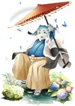 anthro asian_clothing blue_body blue_eyes blue_fur clothing east_asian_clothing footwear fur japanese_clothing kimono male overweight overweight_male sandals shoes socks socks_with_sandals solo tabi_socks umbrella water hechaxianzhi tamacolle inaba_(tamacolle) arthropod butterfly insect lagomorph lepidopteran leporid mammal rabbit absurd_res hi_res