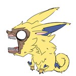 anthro chibi curled_tail fur humor male orange_eyes sharp_teeth solo tail teeth yellow_body yellow_fur roadkilledizzy bandai_namco digimon digimon_ghost_game digimon_(species) lamortmon monster 1:1 hi_res meme