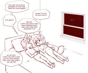anthro balls bed biped casual_nudity circumcised comparing comparing_penis curiosity curious cut_vs_uncut dialogue duo fingers flaccid foreskin fur furniture genital_exploration genitals glans hair humanoid_genitalia humanoid_penis looking_at_another looking_at_partner male male/male navel on_bed penis pillow shooting_star shota speech_bubble tail text window young young_anthro young_male young_on_young aogami chris_(doomhelm) mike_(doomhelm) canid canine lagomorph leporid mammal rabbit 2024 absurd_res english_text hi_res monochrome