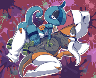 2_fingers 3_fingers abstract_background alternative_fashion anthro anthrofied anus areola armwear barbell_piercing bent_legs blue_body blue_skin blue_tail breasts butt clothed clothed_anthro clothed_female clothing duo eyeshadow facial_piercing female female/female female_anthro female_on_top fingers fishnet_armwear fishnet_clothing fishnet_legwear genitals glistening glistening_butt glistening_eyelids gloves_(marking) goth grey_body grey_eyeshadow grey_skin grin grinning_at_viewer half-closed_eyes holding_another larger_anthro larger_female leg_markings legwear looking_at_viewer lying makeup markings mostly_nude_anthro mostly_nude_female mouth_closed narrowed_eyes navel navel_piercing nipple_dip nipple_outline nipples no_sclera on_back on_top open_mouth open_smile orange_body orange_skin outline piercing pink_anus pokemorph pseudo_hair pupils raised_tail scales size_difference slit_nostrils smaller_anthro smaller_female smile smiling_at_viewer socks_(marking) spread_legs spreading tail teeth torn_clothing ventral_scales vulva white_clothing white_eyes white_hood white_outline vono nintendo pokemon pokemon_legends_z-a drizzile generation_8_pokemon generation_9_pokemon mega_evolution mega_scrafty pokemon_(species) 2025 cel_shading digital_drawing_(artwork) digital_media_(artwork) hatching_(art) shaded