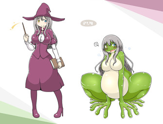 before_and_after belly big_belly big_breasts blush book breasts clothing dress exclamation_point featureless_breasts female grey_hair hair hat headgear headwear heterochromia long_hair magic magic_user nude open_mouth question_mark simple_background sitting smile solo standing surprised transformation wand wide_hips witch witch_hat izumi_(artist) amphibian frog human mammal 2015