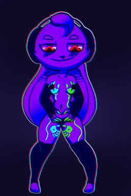 anthro armwear big_ears black_armwear black_clothing black_knee_highs black_legwear black_nose black_panties black_underwear bodypaint breasts cheek_tuft clothing electronics facial_tuft female floppy_ears front_view fur glowing_paint hand_print head_tuft headphones knee_highs legwear long_ears lop_ears mostly_nude navel panties pasties purple_background purple_body purple_fur red_eyes simple_background smile solo thick_thighs tuft underwear wide_hips bluesparrow lagomorph leporid mammal rabbit hi_res