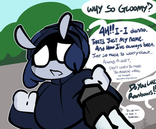 anthro blue_body blue_hair blue_skin clothing dialogue dot_eyes feet female hair jumpsuit nervous_look offscreen_character outside racing_uniform shadow_face shell_hat simple_eyes solo speech_bubble thefablednekos spiral_stream_derby gloomy_haven unnamed_snail_reporter_(spiral_stream_derby) gastropod mollusk snail