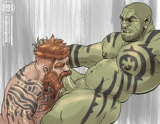 abs balls beard body_hair chest_hair duo ear_piercing erection facial_hair facial_piercing fellatio genitals green_balls green_penis hair head_grab head_holding humanoid_genitalia humanoid_on_humanoid humanoid_penetrated humanoid_penetrating humanoid_penetrating_humanoid humanoid_penis interspecies male male/male male_penetrated male_penetrating male_penetrating_male muscular muscular_male mustache navel nipples nose_piercing not_furry nude oral oral_penetration orange_hair pecs penetration penile penile_penetration penis piercing pink_nipples pubes sex side_view tattoo tusks vein veiny_penis bruteandbrawn dwarf human humanoid mammal orc digital_media_(artwork)