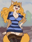2023 3:4 anthro big_breasts blonde_hair blue_clothing blue_eyes blurred_background breasts brown_body brown_fur cheese_quesadilla clothing curvy_figure felid female fur general-irrelevant hair hand_on_hip hi_res hourglass_figure legwear looking_at_viewer mammal open_mouth pattern_clothing smile solo striped_clothing stripes thigh_highs