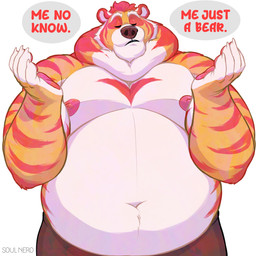 anthro belly biceps bottomwear brown_bottomwear brown_clothing brown_pants claws clothed clothing eyes_closed finger_claws fingerless_(marking) fur hair male multicolored_body multicolored_fur muscular muscular_anthro muscular_male navel neck_tuft nipples orange_body orange_fur overweight overweight_anthro overweight_male pants pawpads pecs red_hair red_stripes simple_background solo speech_bubble striped_body striped_fur stripes text topless tuft white_background white_body white_fur soul_nero world_bear_day tora_(soul_nero) bear felid hybrid mammal pantherine tiger ursine 1:1 2026 artist_name broken_language english_text hi_res