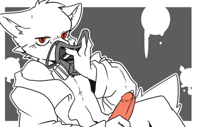 anthro bodily_fluids clothing coat erection gas_mask genital_fluids genitals humanoid_genitalia humanoid_penis lab_coat leaking_precum leaning leaning_backward male mask penis precum red_eyes simple_background sitting solo topwear saku1saya changed_(video_game) dr._k_(changed) canid canine canis mammal wolf hi_res