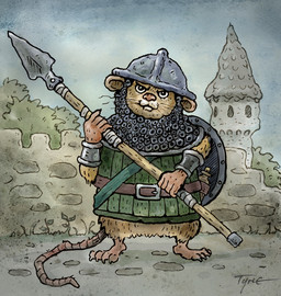 4_toes 5_fingers anthro armor biped brown_body clothed clothing detailed_background feet fingers headgear helmet outside shield solo toes weapon tyrie mammal mouse murid murine rodent 2024