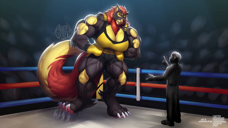 angry anthro big_breasts big_muscles black_body black_fur boxing_gloves breasts butt clothing duo female female_focus fighting_ring fur handwear huge_muscles hyper hyper_muscles male muscular muscular_female pawpads paws red_body red_fur referee size_difference solo_focus agonwolfe eva_(articus) canid canine canis human mammal wolf 16:9 hi_res widescreen