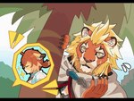 age_difference anthro blonde_hair cape clothing cutaway duo fur hair male male/male orange_body orange_fur orange_hair palm_tree plant smile tree takanabeasami cygames world_flipper magnos_(world_flipper) teo_(world_flipper) felid lion mammal pantherine 4:3 animated short_playtime