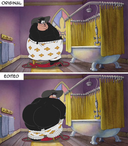 backsack balls bathtub big_butt black_body black_fur butt claw_foot_bathtub clothing facial_hair fur genitals huge_butt looking_back male mustache on_model overweight screencap screencap_background screencap_redraw shower underwear undressing smallfryspy disney the_three_musketeers_(disney) pete_(disney) domestic_cat felid feline felis mammal hi_res