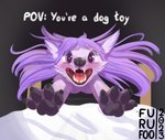 anthro bed blush canine_nose first_person_view front_view fur furniture gift glomp hair open_mouth pawpads pounce purple_body purple_fur purple_hair teeth text tongue furufoo pov_tiktok canid canine fox mammal 2023 artist_name meme portrait